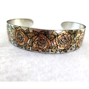 Reed & Barton Damascene Rose Cuff Bracelet Gold Tone Floral Vintage